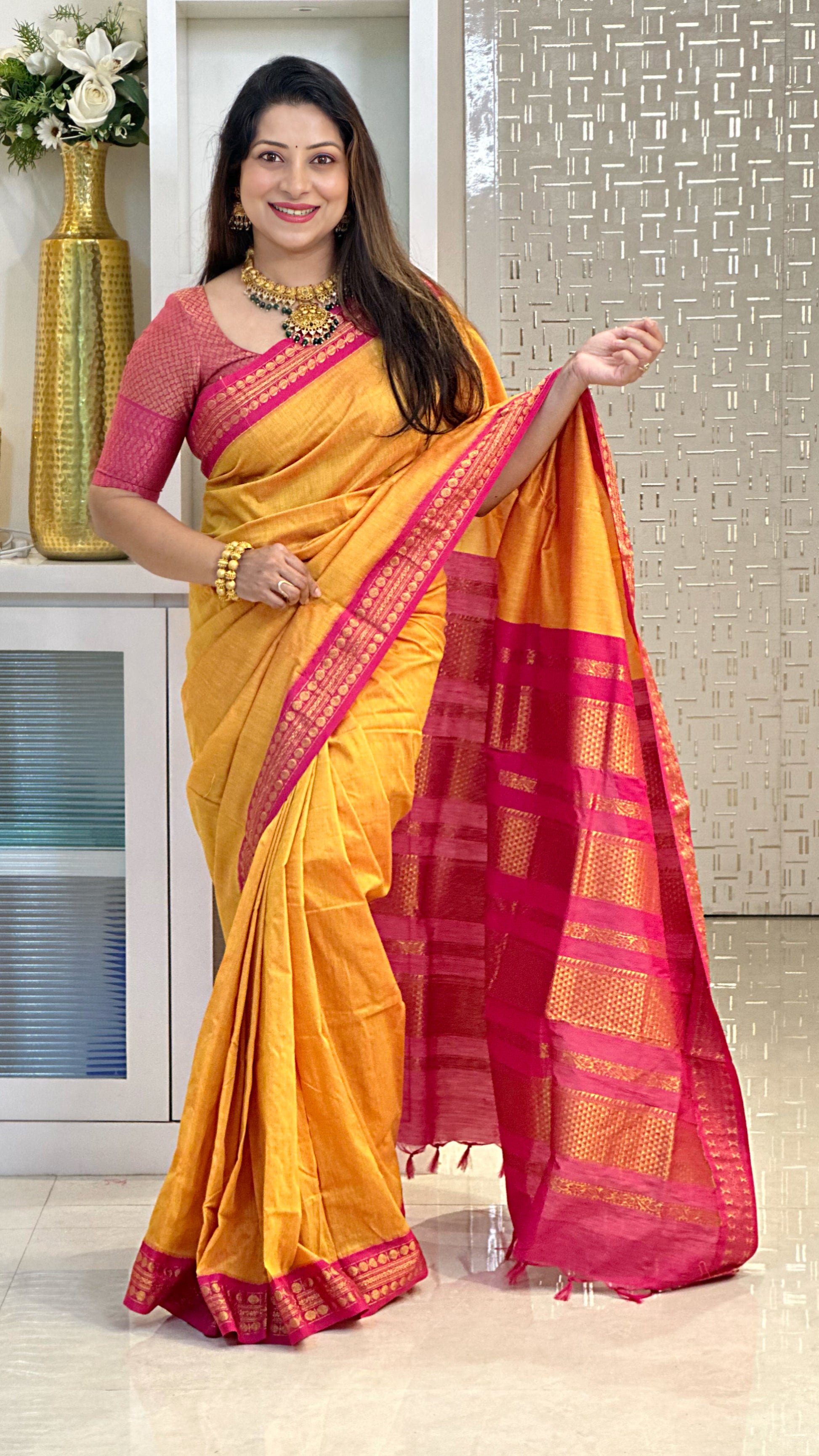 Premium Kalyani Cotton Saree With Yellow and Pink Color – patilestore