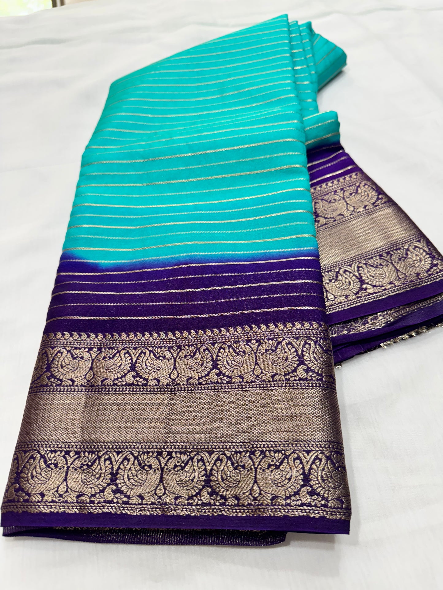 M crape Stripes with peacock design