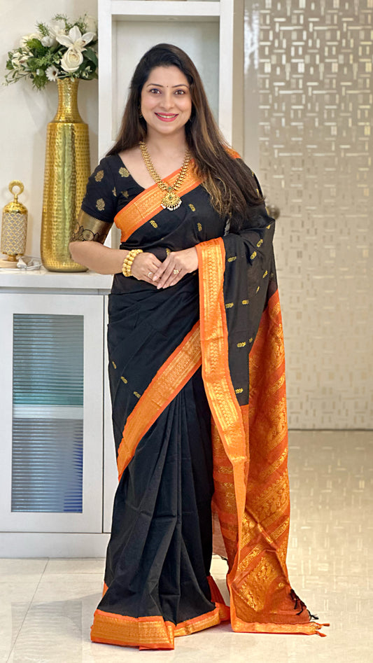 Kalyani Cotton Saree With Black and Orange Color
