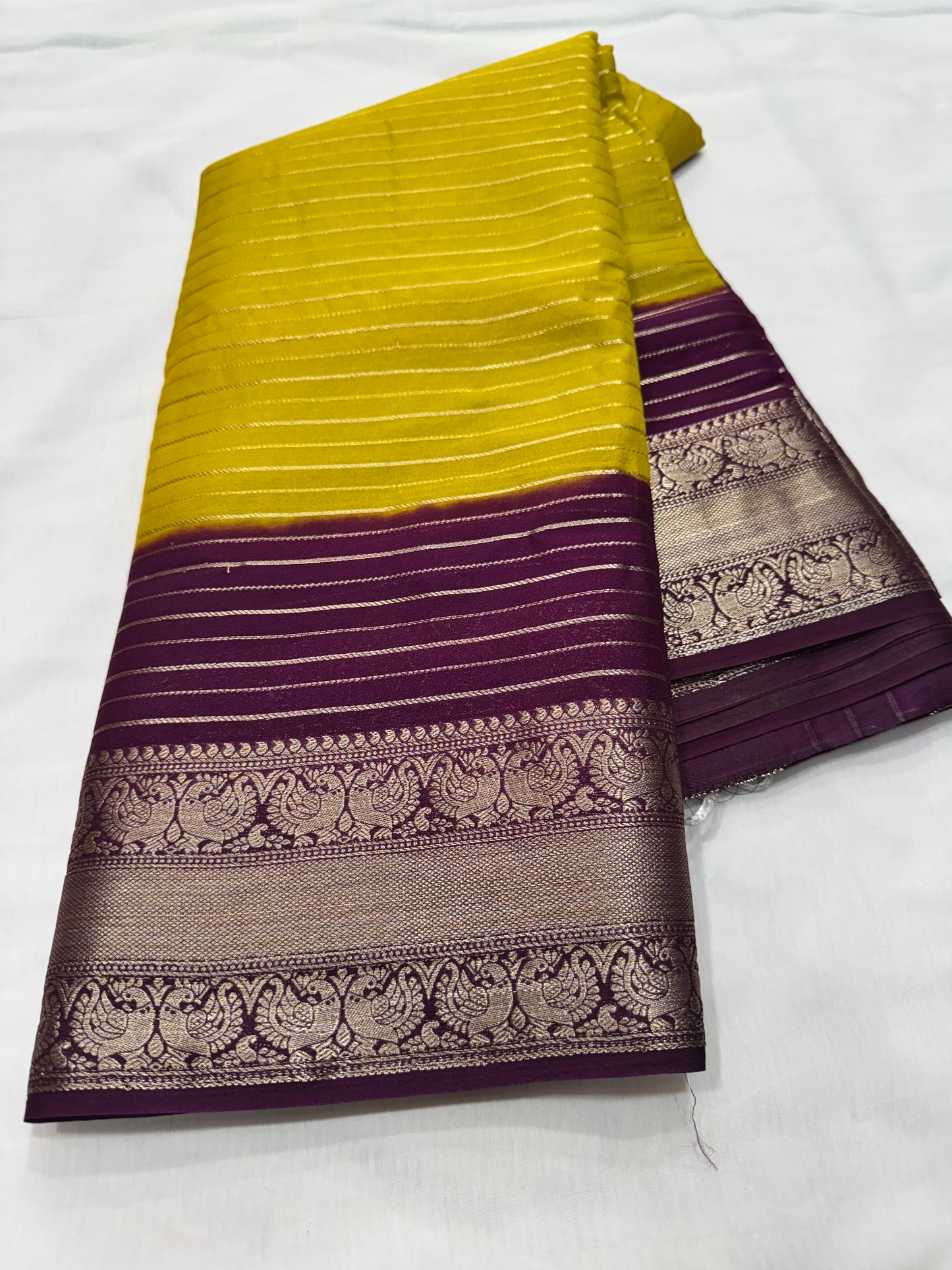 M crape Stripes with peacock design
