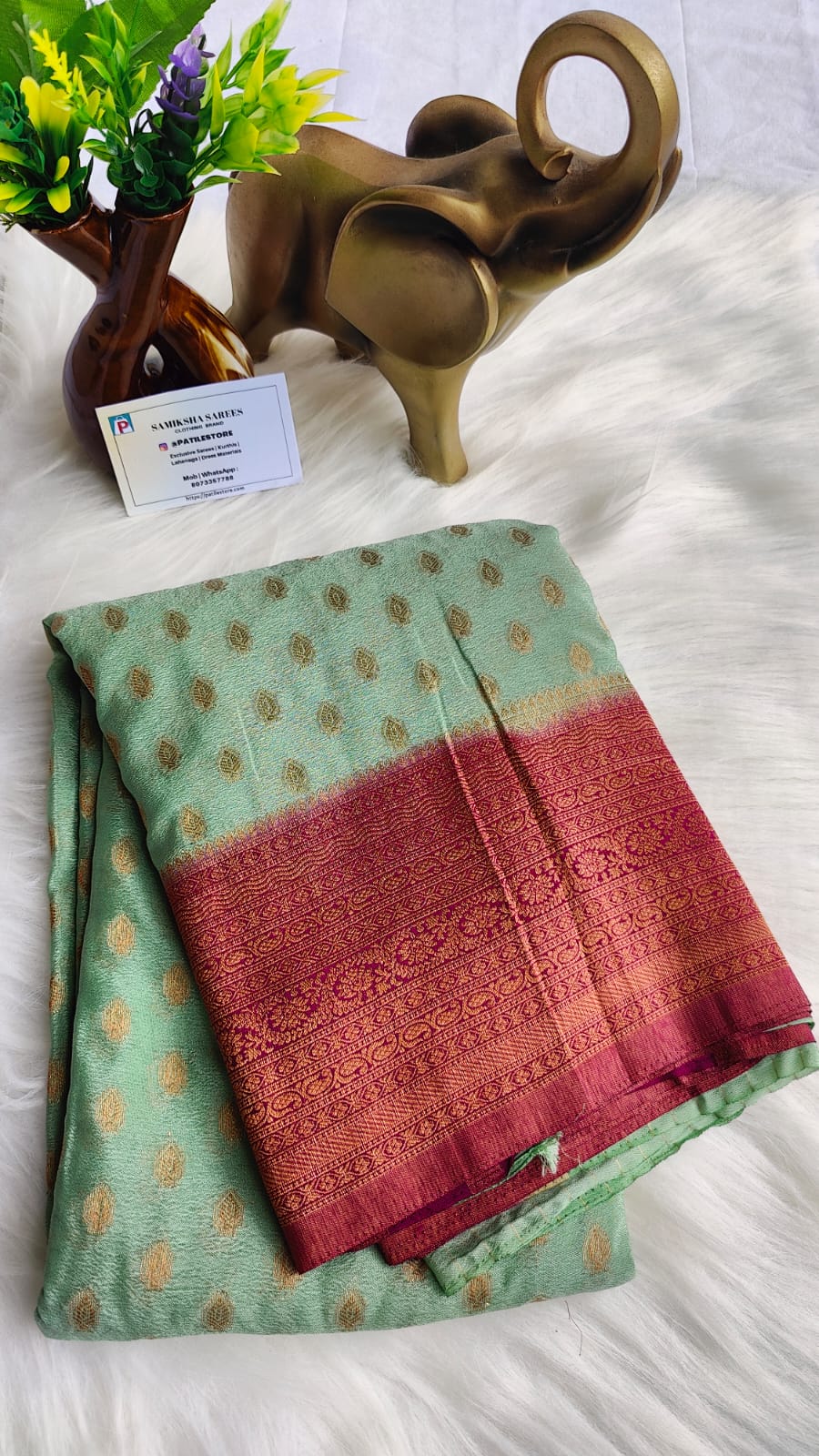 Banarasi Semi Georgette Saree Pista Green Color with Pink Border