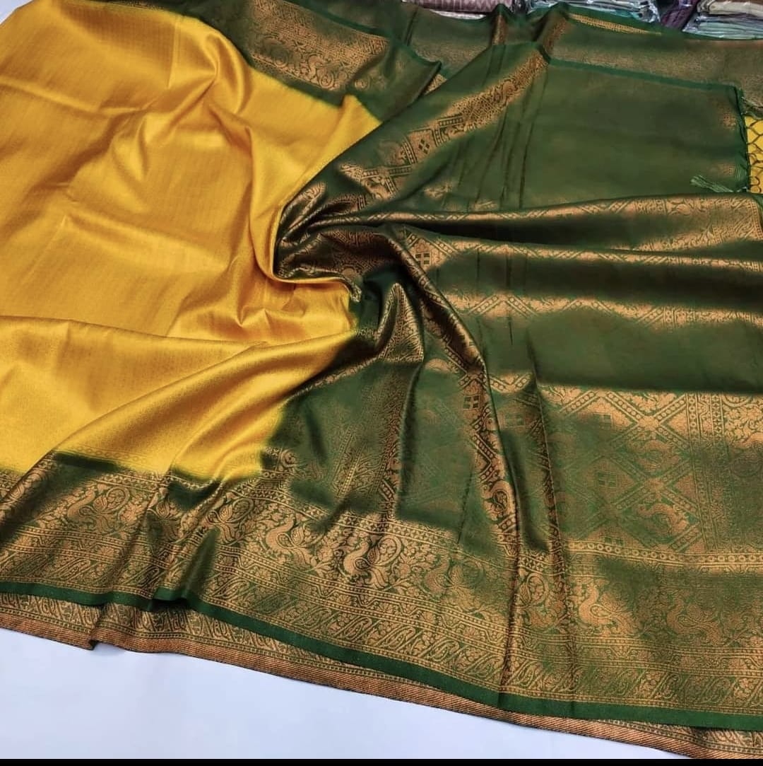 Primium kuberapattu soft silk saree yellow with green