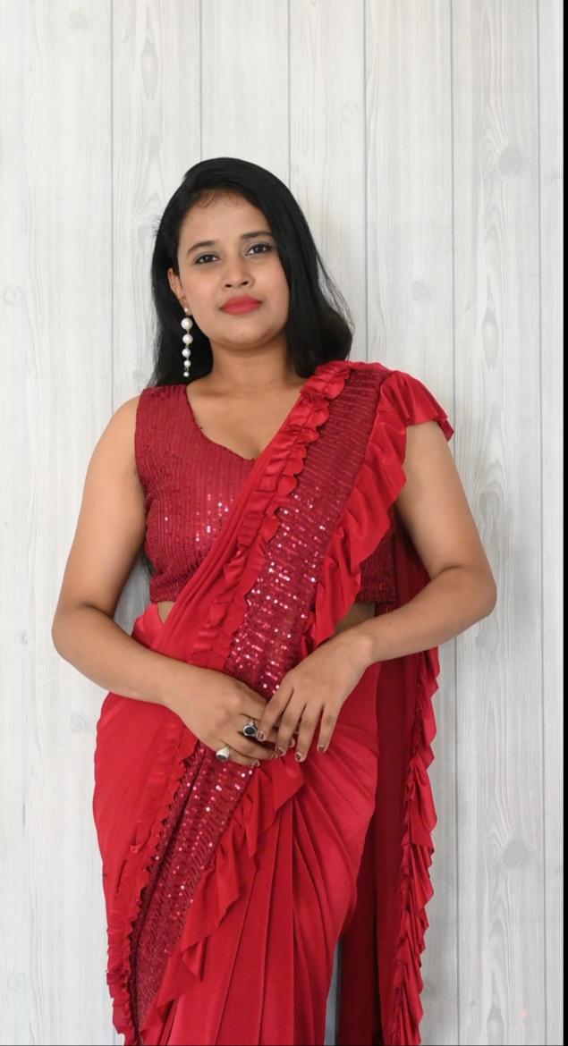 Ready To Wear Red Color Saree With Sequin Work