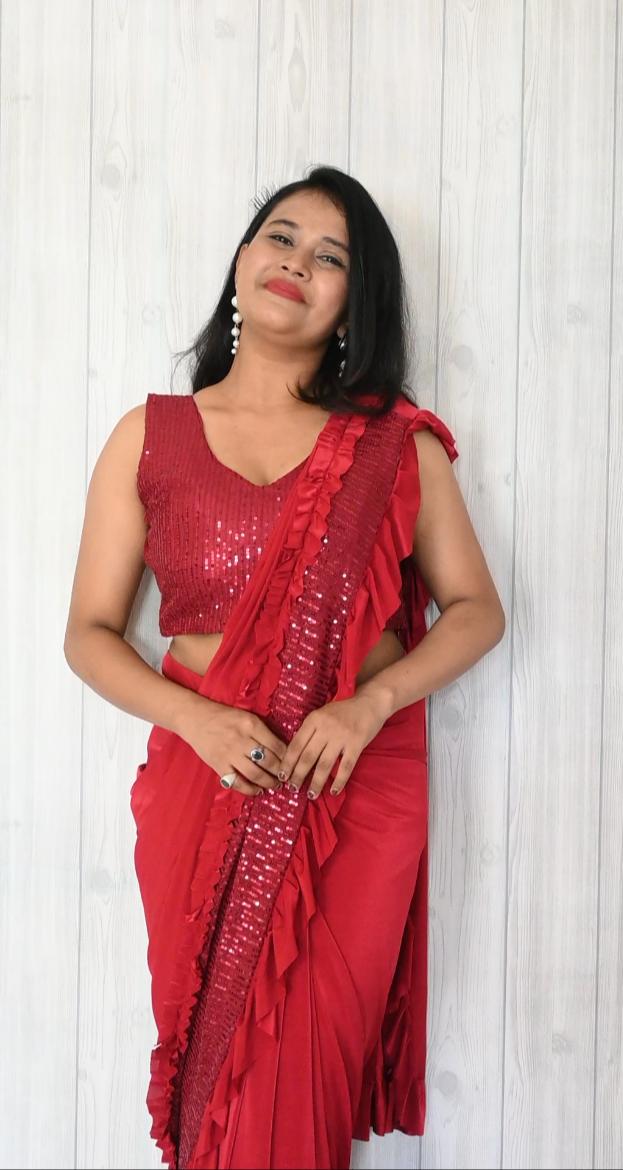 Ready To Wear Red Color Saree With Sequin Work