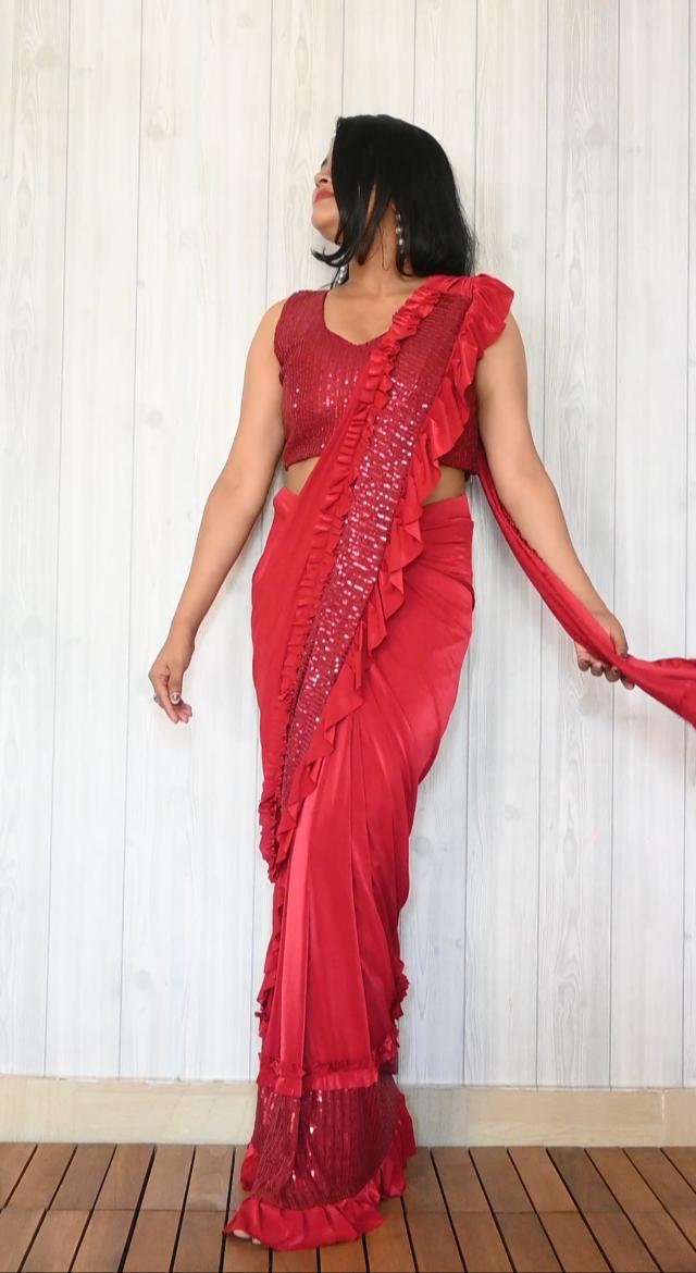 Ready To Wear Red Color Saree With Sequin Work