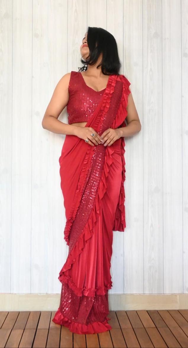 Ready To Wear Red Color Saree With Sequin Work