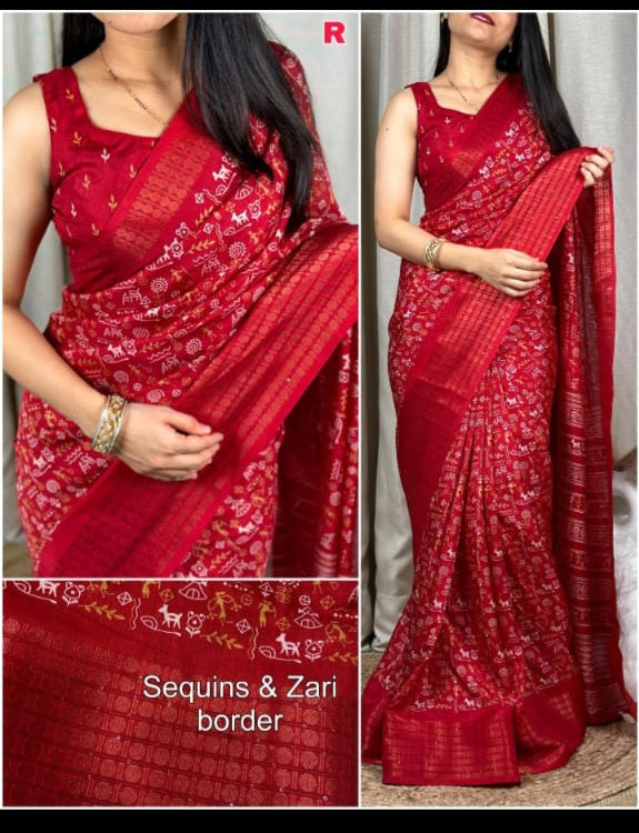 Warli dola silk saree Red  colour