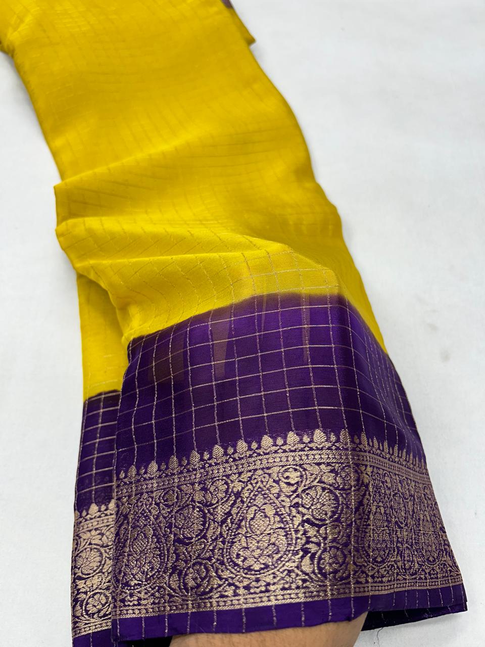 Semi Mysore Crepe Chex with 2d Yellow with Purple