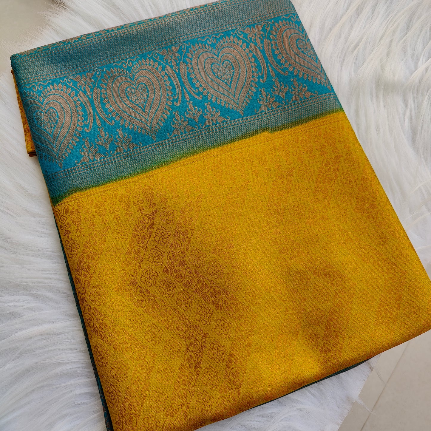 Premium Banarasi Soft Silk Saree Yellow with Sapphire Blue