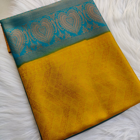 Premium Banarasi Soft Silk Saree Yellow with Sapphire Blue