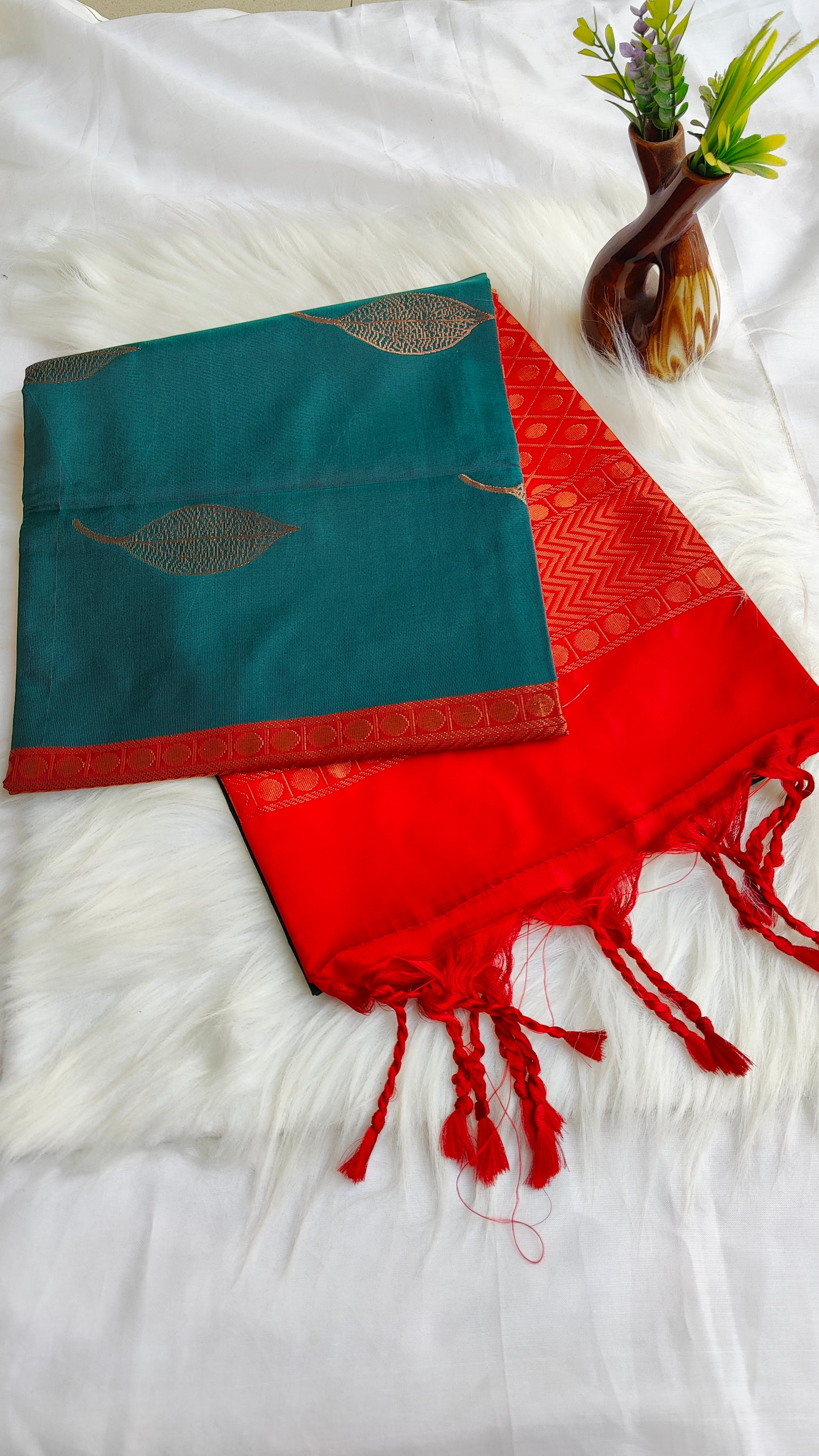 Vegan silk teal blue with red