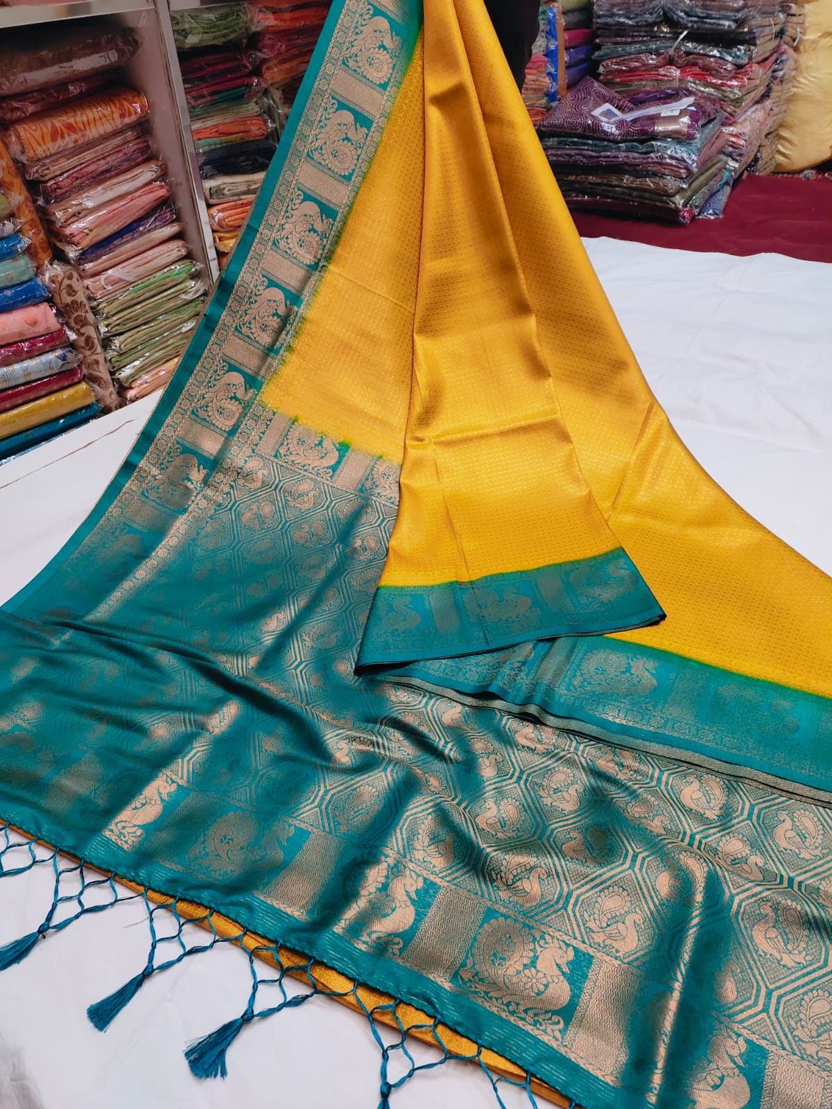 Gauri Pattu Silk Saree with Embroidery Blouse Piece (Yellow & Cyan)