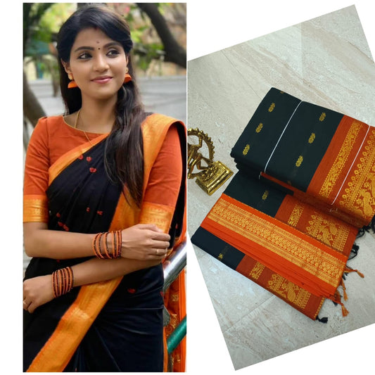 Kalyani Cotton Saree Black and Orange Color