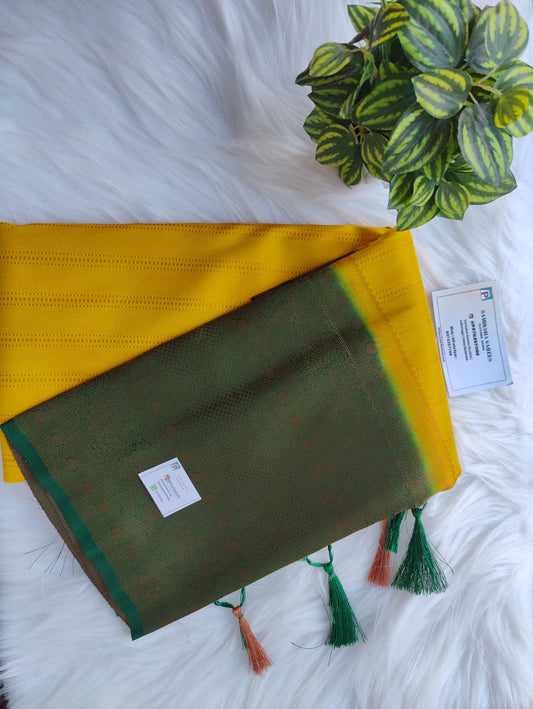 Soft Silk Saree Yellow with Bottle Green Pallu and Border