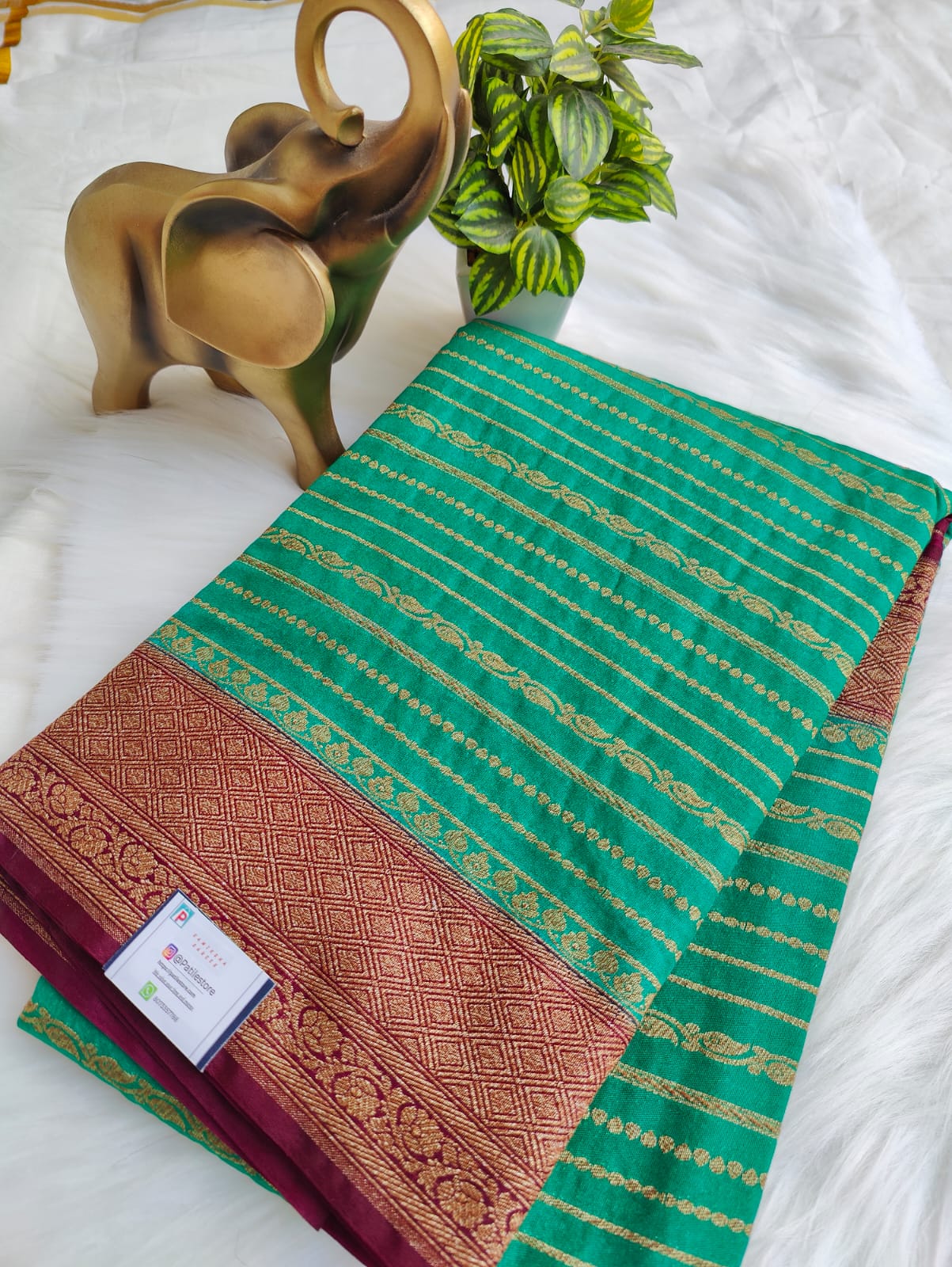 Premium Banarasi Hastakala Cotton Silk Sarees Green Color and Maroon