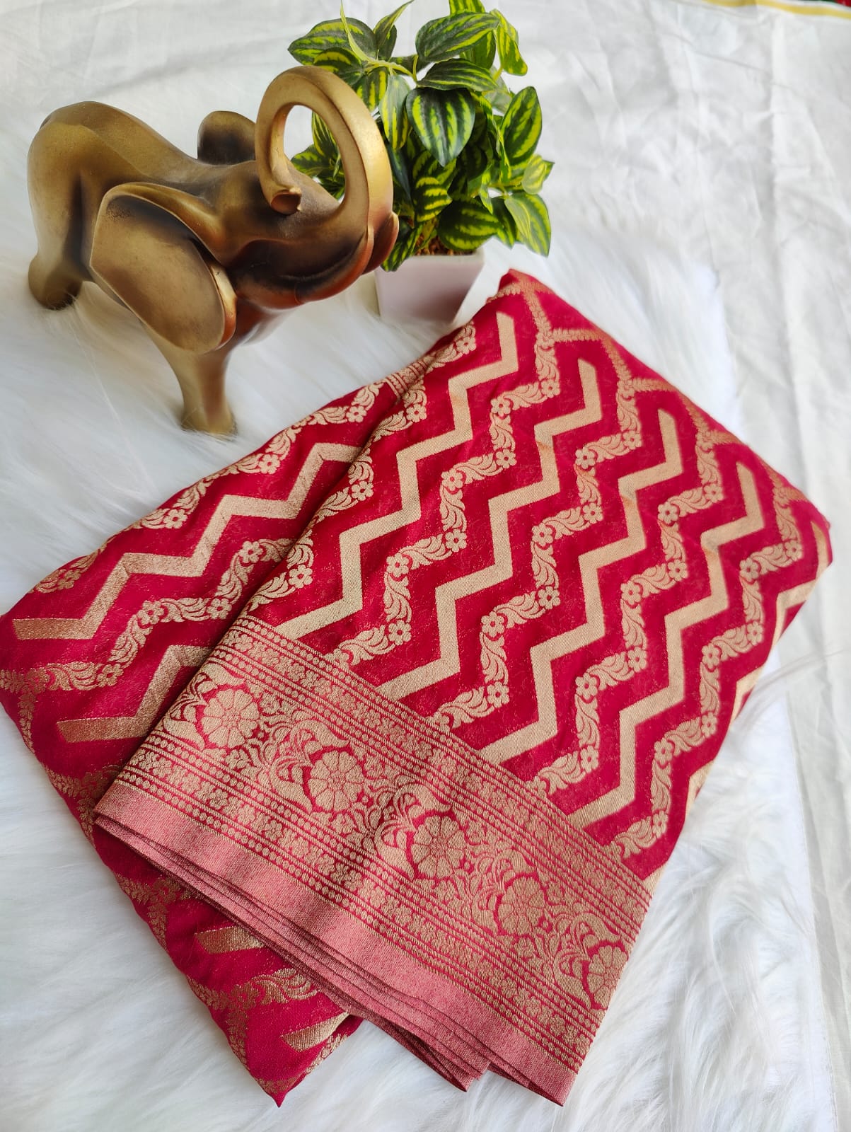 Premium Banarasi Soft Georgette Saree With Red and laheriya Design