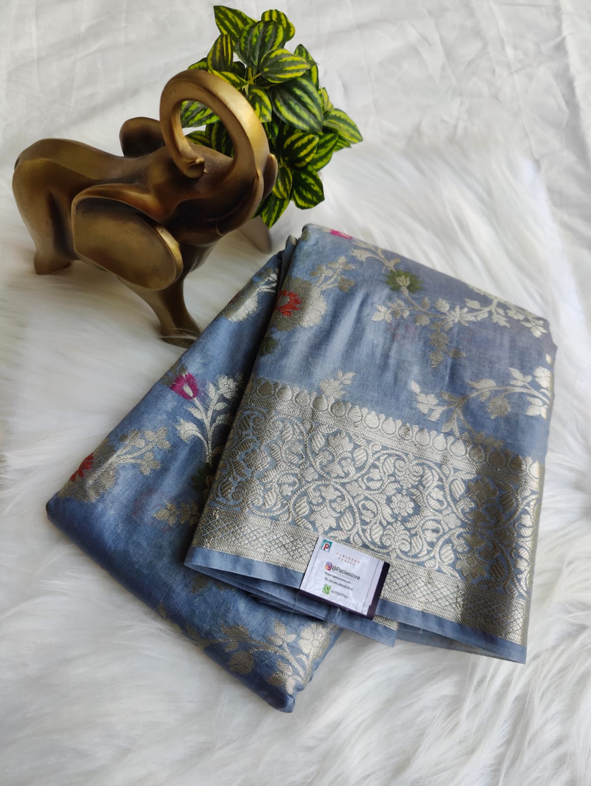 Premium Banarasi Semi Katan Silk Grey Color With Meen Design