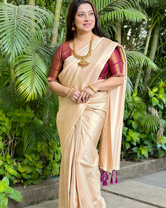 Premium Kubera Pattu Soft Silk Saree Cream With Pink Color