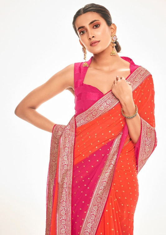 Premium Soft Georgette Fancy Dual Tone Sarees Orange And Pink