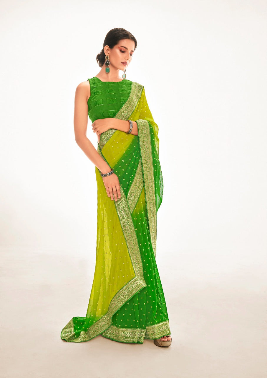 Premium Soft Georgette Fancy Dual Tone Sarees Green with Light Green