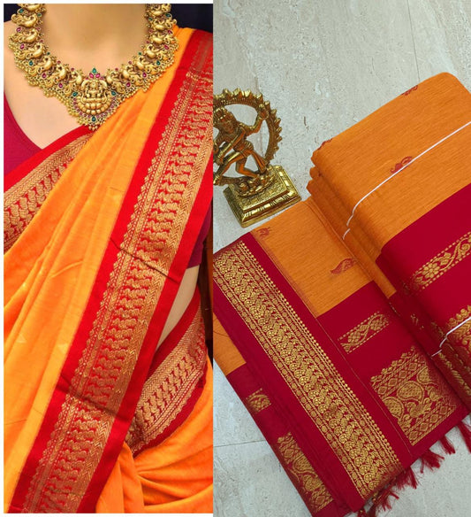 Kalyani Cotton Saree orange and Red Color